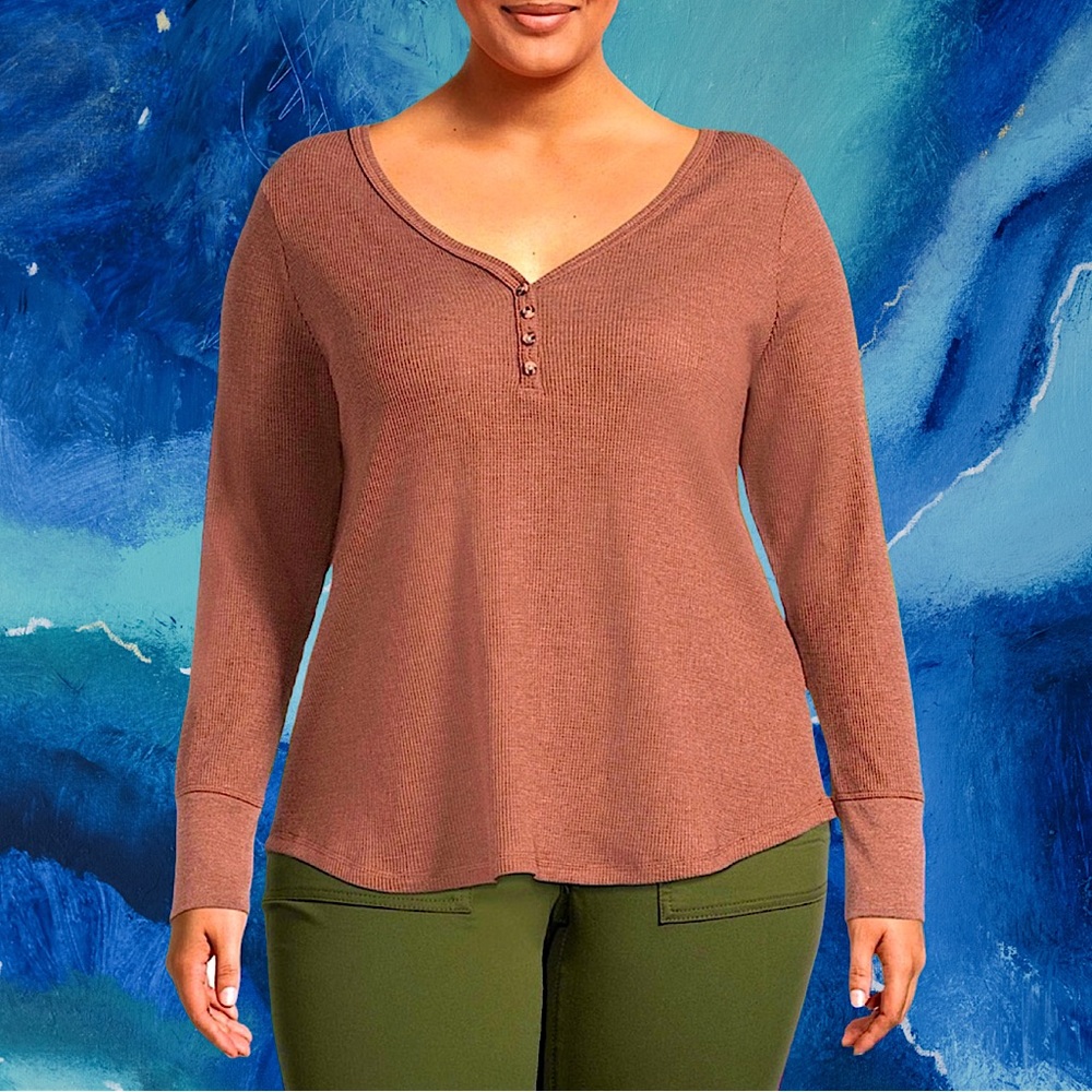 🆕Terra & Sky Women’s plus-size Brown long-sleeve Waffle-knit Henley Top❤️❤️3X